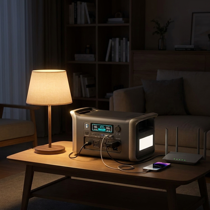 Tactical PowerX powering a lamp, phone and wifi router during an outage