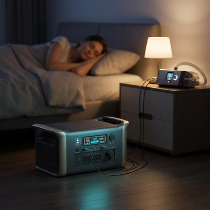 Tactical PowerX quietly powering a bedside lamp and CPAP machine at night