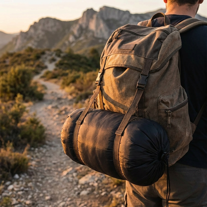 Emergency Sleeping Bag strapped to a hiking backpack