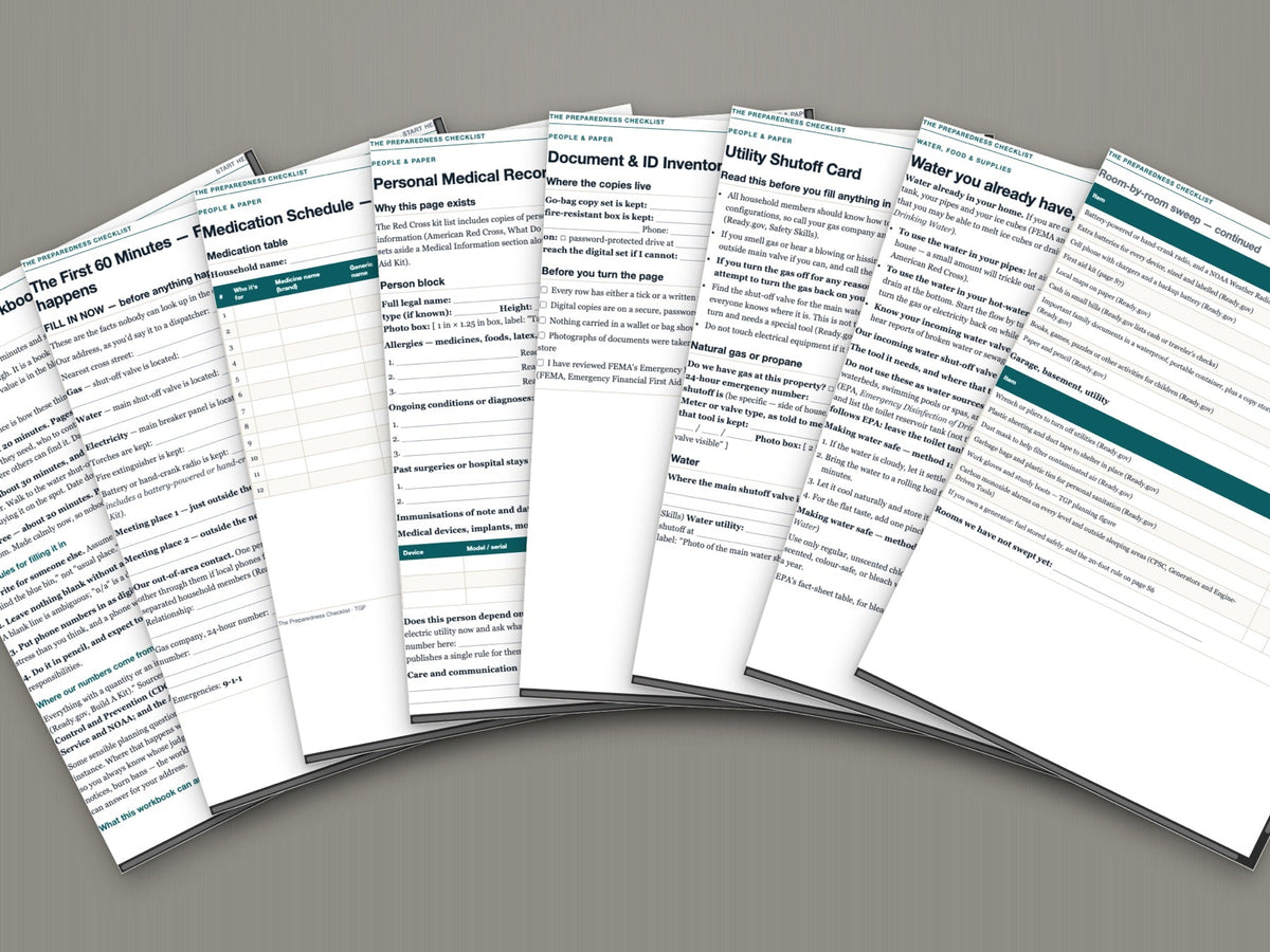 Eight pages of the workbook fanned out: the first 60 minutes, medication schedule, medical record, document inventory, utility shut-off card, water, vehicle kit